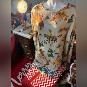 Western Cowboy Print Shirt this is 100% polyester, it’s new just too big for me